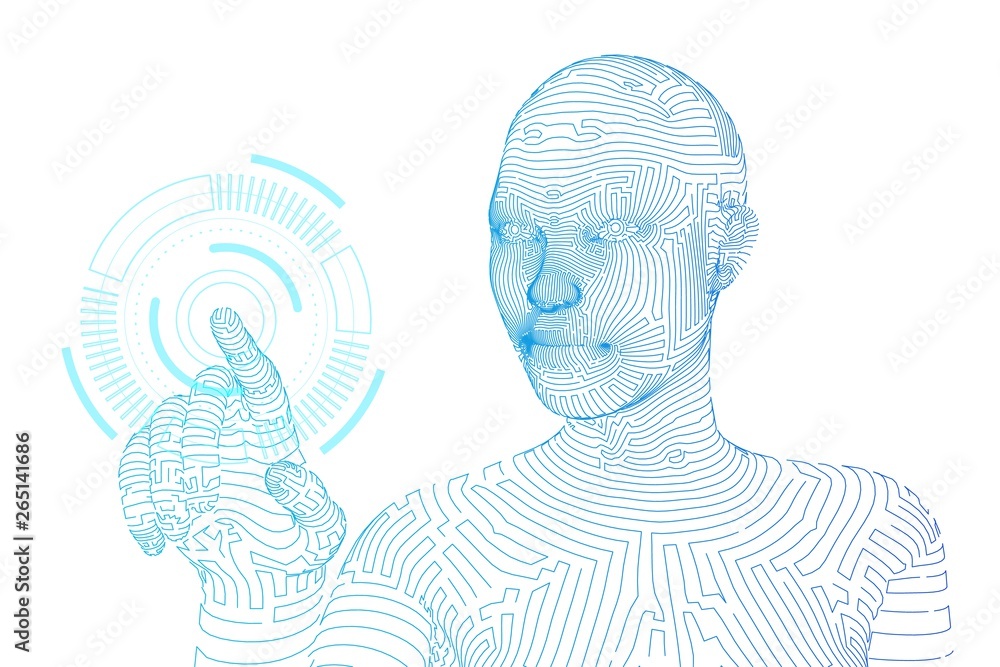 Poster wireframed female cyborg touching digital graph interface. ai. artificial intelligence concept. robo