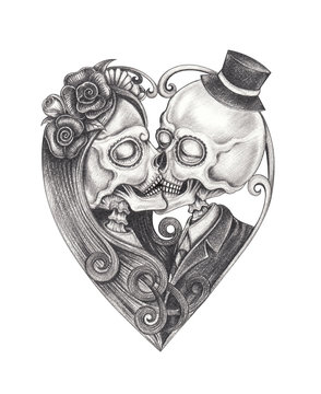 Art Couple Kiss Skulls. Hand drawing on paper.