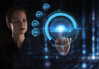The concept of business, technology, the Internet and the network. A young entrepreneur working on a virtual screen of the future and sees the inscription: Lead generation