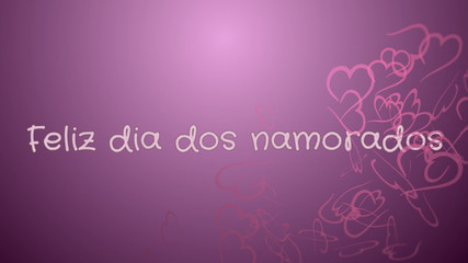 Feliz dia dos Namorados, Happy Valentine's day in portuguese language, greeting card, pink hearts, lilac background