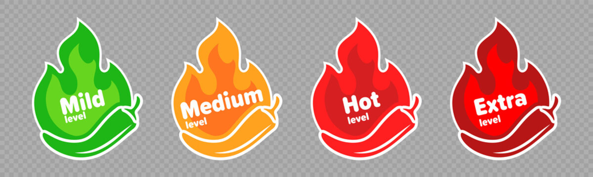 Spicy chili pepper hot fire flame icons. Vector spicy food level icons, mild, medium and extra hot pepper sauce fire flame