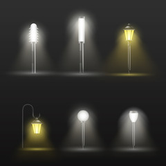 Pathway, walkway outdoor lamps in modern and classic design on short pillar glowing in darkness with light spot on ground 3d realistic vector set isolated on black background. Flowerbed illumination