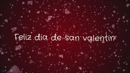 Feliz dia de san Valentin, Happy Valentine's day in spanish language, greeting card, pink petals, red background