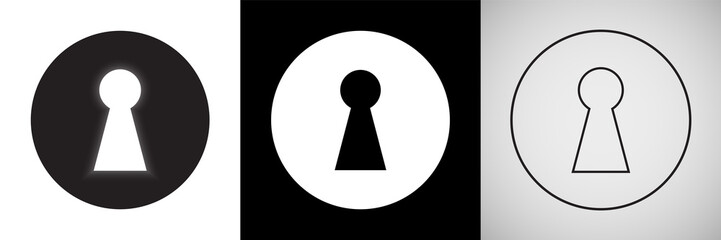 Keyhole vector isolated icons. Door key hole with light glow silhouette and outline in circle signs