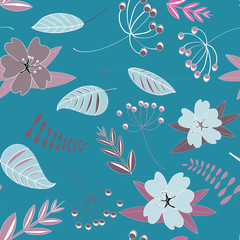 Flowers seamless pattern. Vector illustration of spring flowers with leaves on blue background