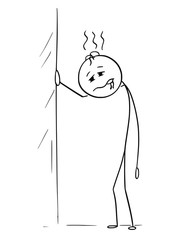 Cartoon stick figure drawing conceptual illustration of drunk or sick or tired man leaning against wall.