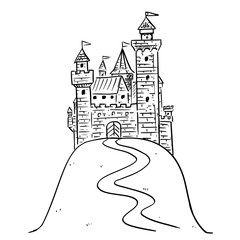 Cartoon Black and White Illustration or Drawing of fantasy medieval castle on hill.