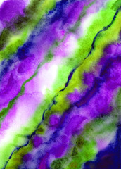 Fototapeta na wymiar Diagonal abstract watercolor background in violet and green tones, stripes and blurry scenic spots.