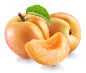 Ripe apricot fruits with a leaf. File contains clipping path.