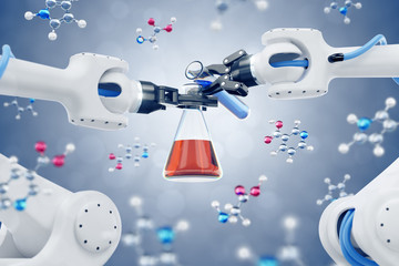 Automated Chemical Synthesis. Robotic arms producing a chemical reaction by using laboratory tubes filled with colored liquids among the levitating models of organic molecules. 3D rendering graphics.