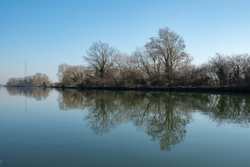 Fototapeta na wymiar Tree reflections in calm canal waters