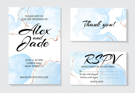 Set of 3 greeting watercolor templates: invitation wedding card, thank you and rspv card. Modern tender blue fluid ink with golden line decorative elements. Abstract drawing  design