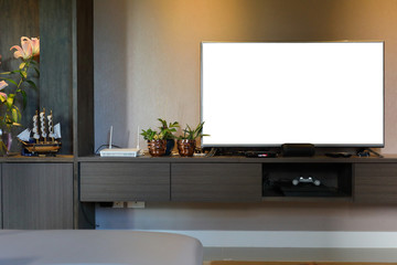 empty white blank television led screen decoration interior home living room, image used for design advertise media business marketing