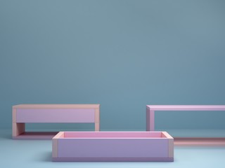 Minimal scene with podium and abstract background. Geometric shape. Pastel colors scene. Minimal 3d rendering. Scene with geometrical forms and blue background. 3d render. 