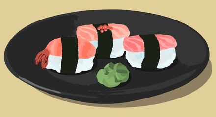 Vector illustration of sushi with with tuna, salmon,  shrimp and wasabi on dark plate