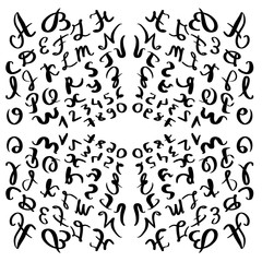 Handwritten artistic font. Isolated black letters on white background. Hand Drawn Alphabet for your Design: Greeting Card, Poster, Banner. Vector illustration