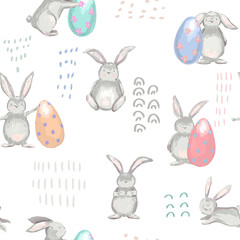  Easter party seamless pattern with eggs, rabbit. Spring celebration poster. Vector illustration. Watercolor style