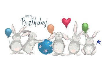 Cute little hares with  ballons. Invitation card Happy birthday. Vector illustration. Watercolor style. Baby design
