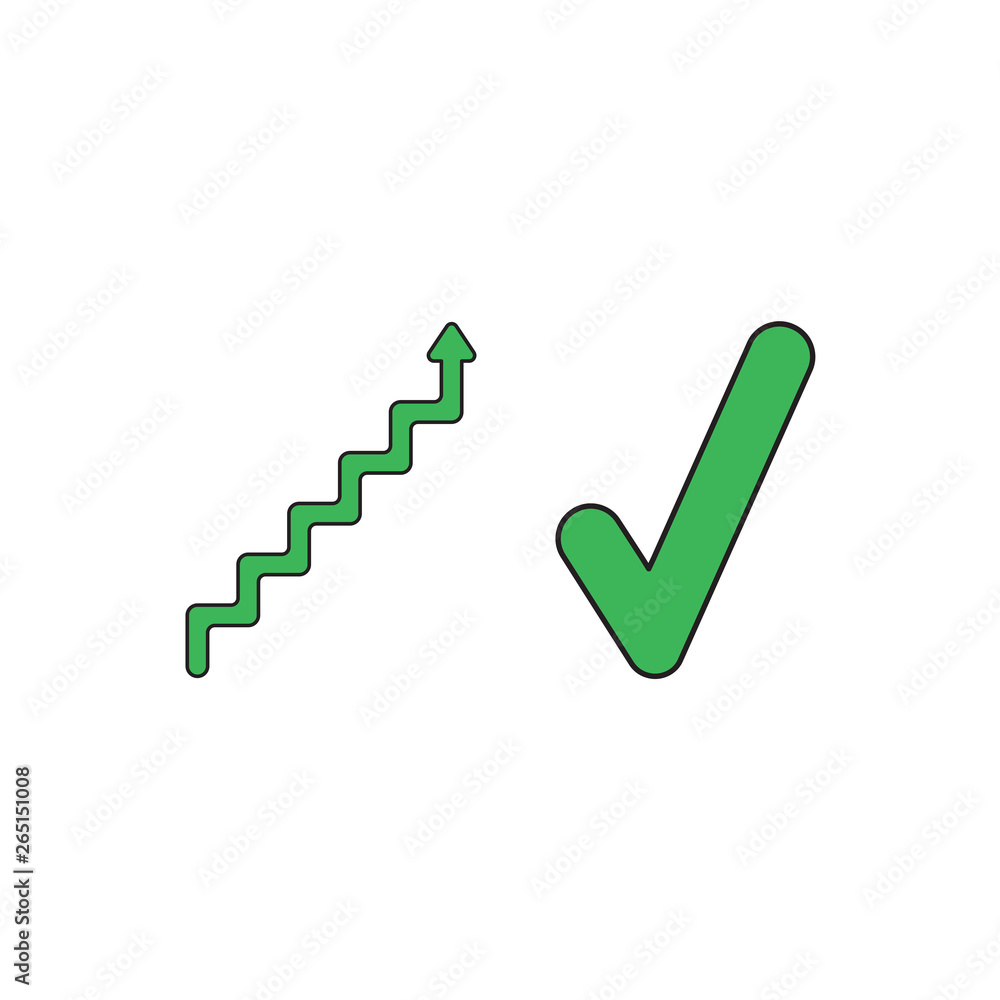 Aufkleber vector icon concept of stairs with arrow up with check mark. black outlines and colored.
