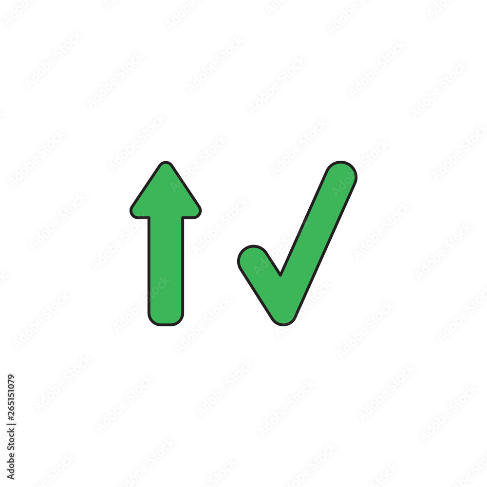 Poster vector icon concept of arrow pointing up and check mark. black outlines and colored.