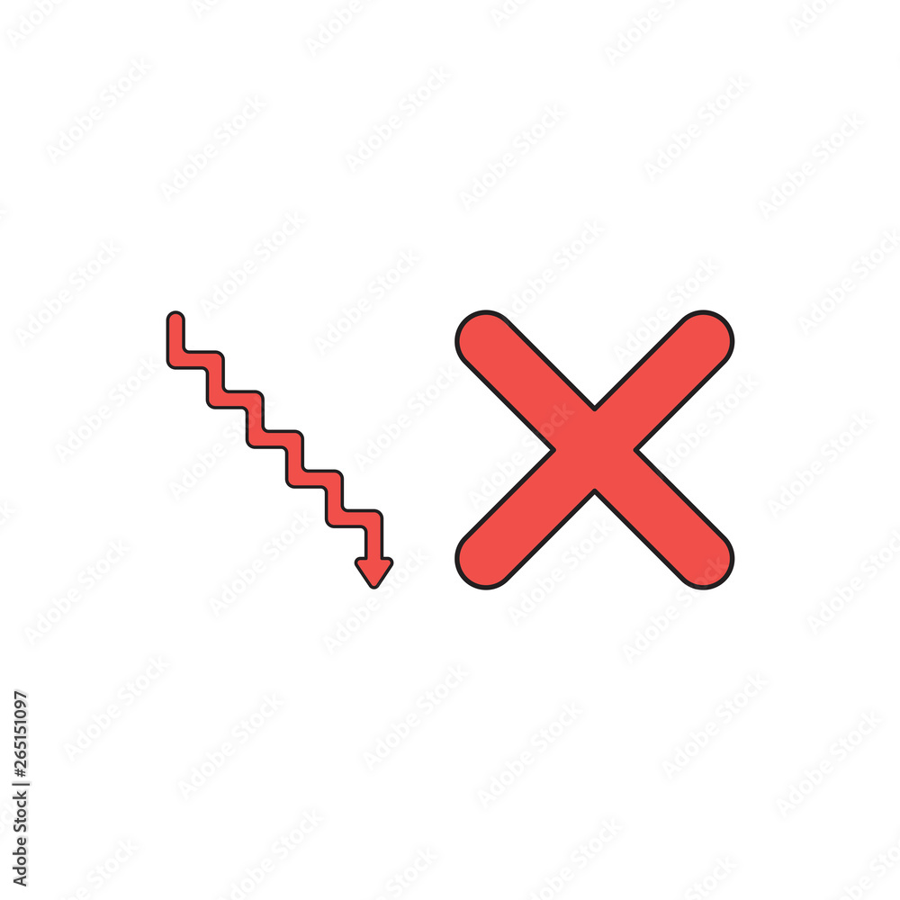 Poster vector icon concept of stairs with arrow pointing down and x mark. black outlines and colored.
