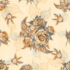 Floral seamless pattern Bouquet of roses peonies and lilacs. Vector. Watercolor.