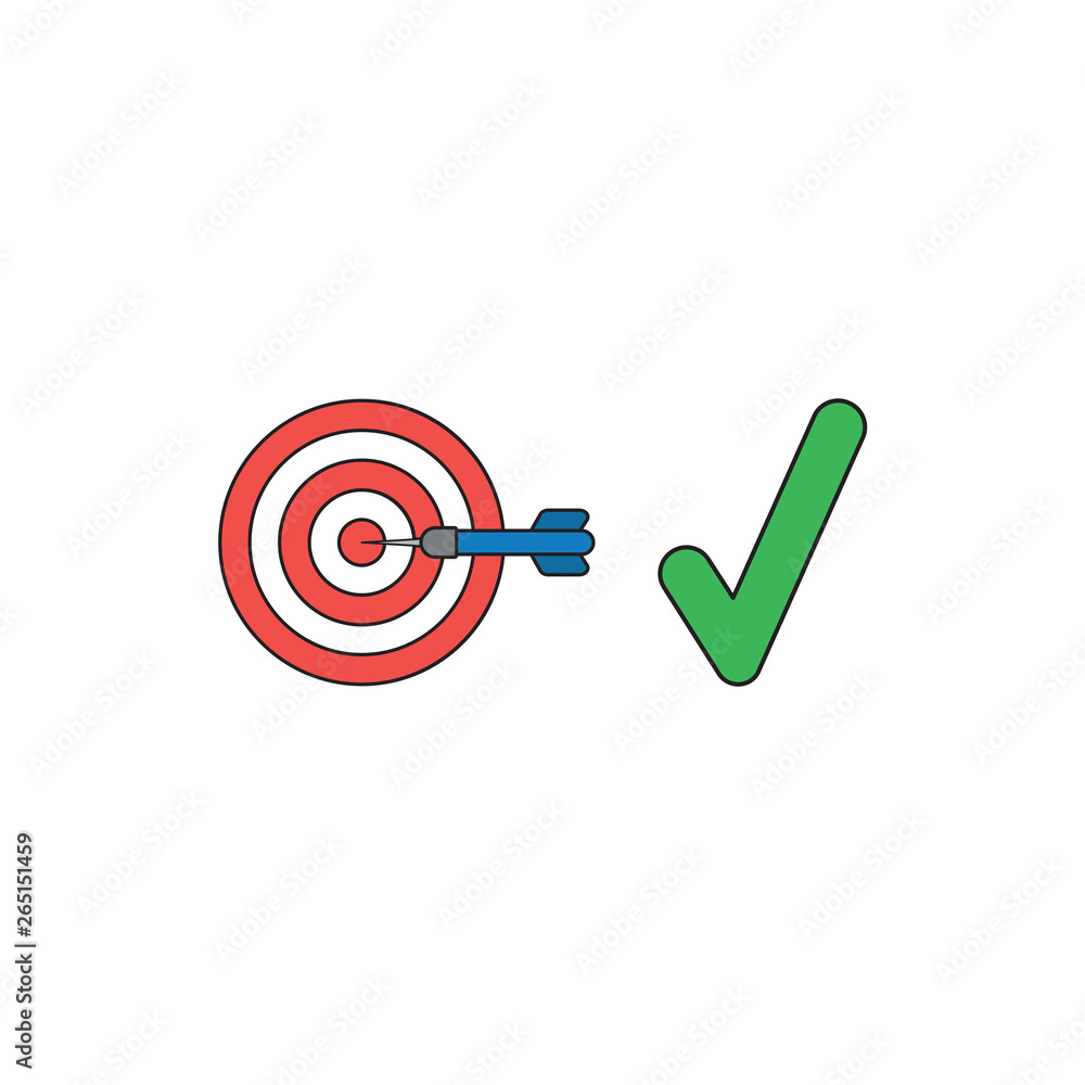 Poster vector icon concept of bulls eye with dart in the center with check mark symbolizes success. black o