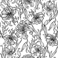Black and white seamless pattern with lilies. Coloring. Vector.
