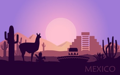 Stylized landscape of Mexico with a llama, cactuses and ancient pyramid.