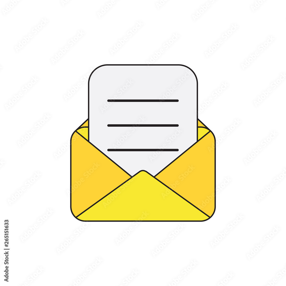 Poster vector icon of opened mail envelope with written paper. black outlines and colored.