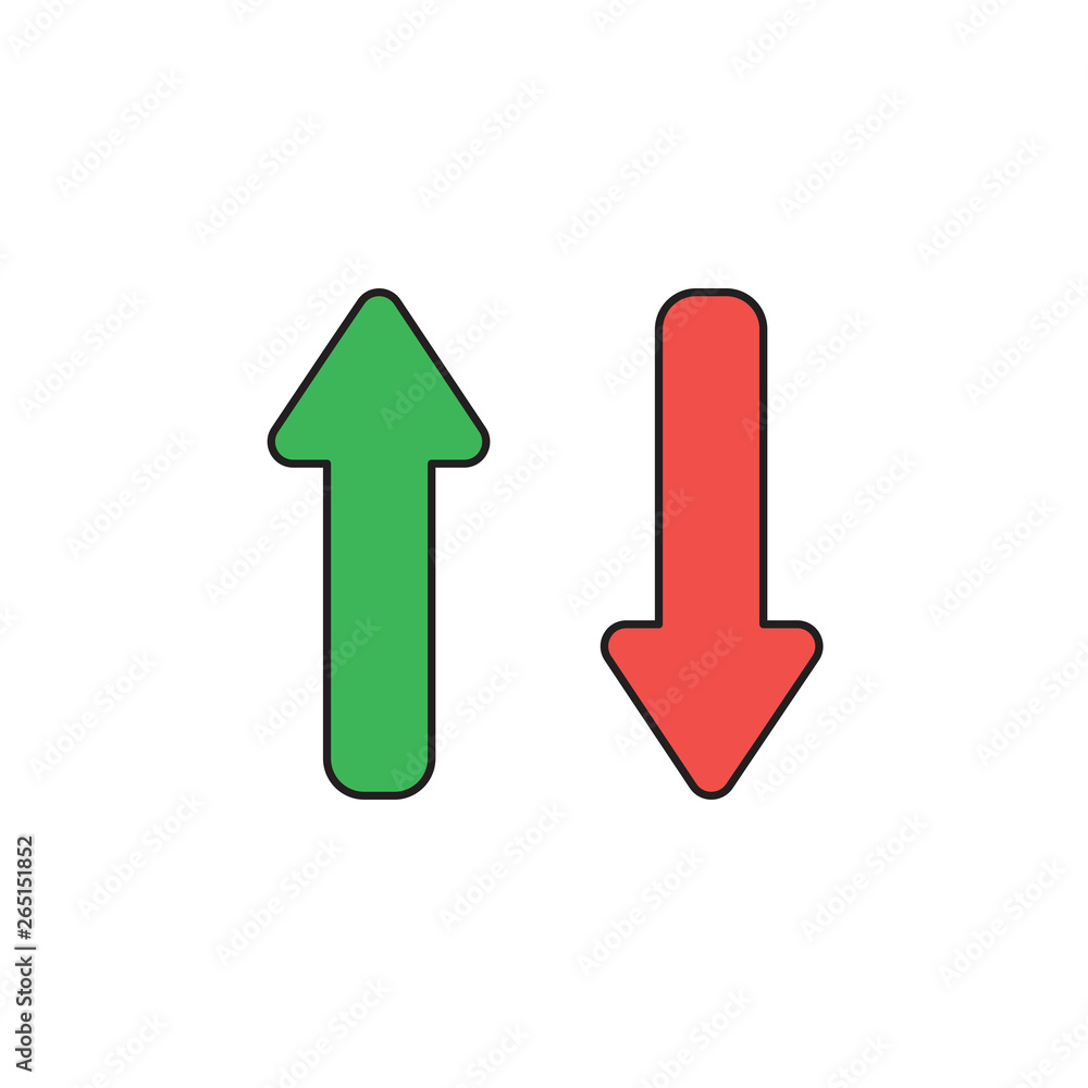 Poster vector icon concept of two arrows pointing up and down. black outlines and colored.