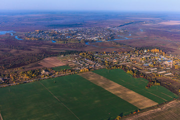 Fototapeta na wymiar Village from height of bird's flight from air balloon, Russia, Kirov region