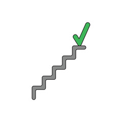 Vector icon concept of stairs with check mark on the top. Black outlines and colored.