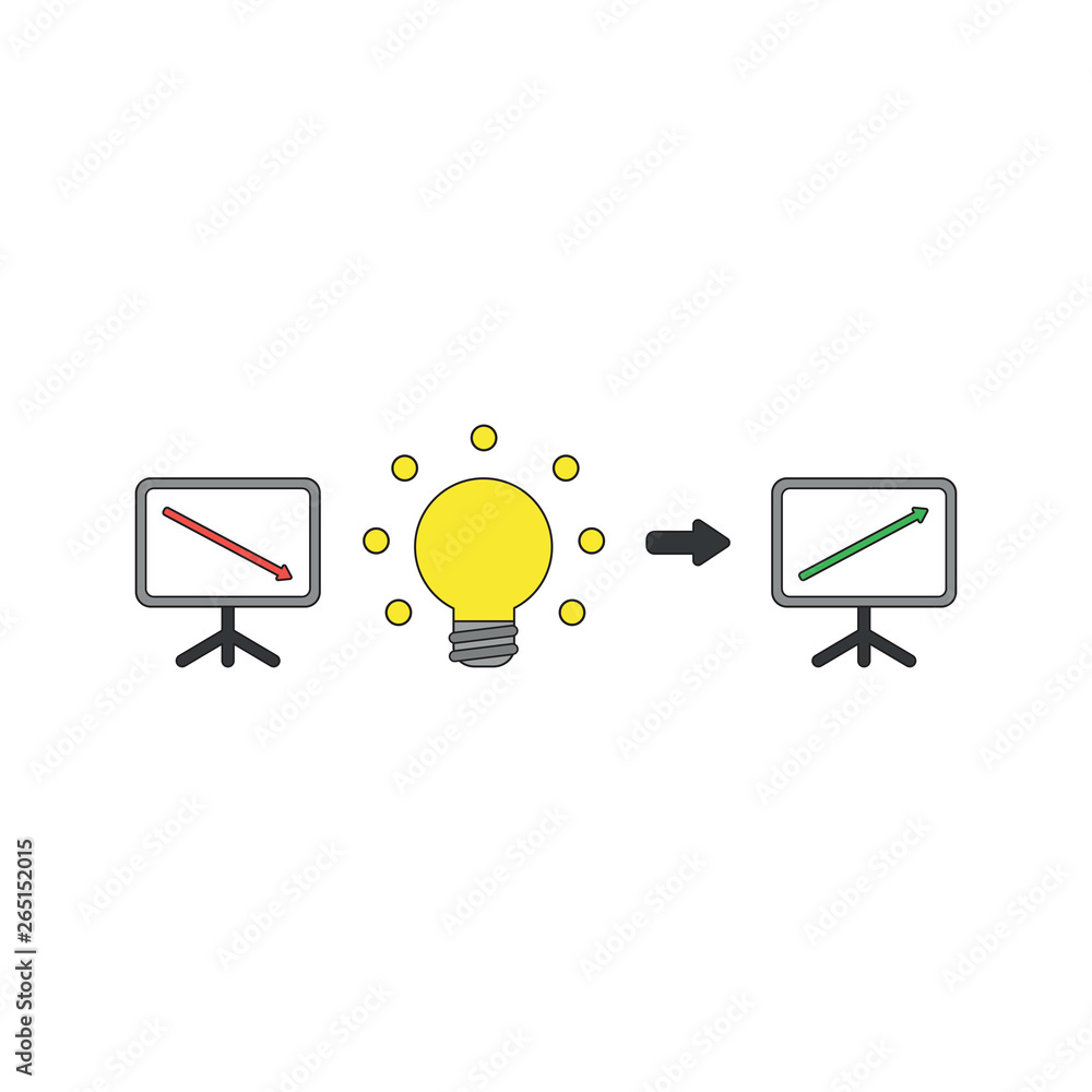 Poster vector icon concept of sales chart with arrow moving down with good idea light bulb and arrow moving