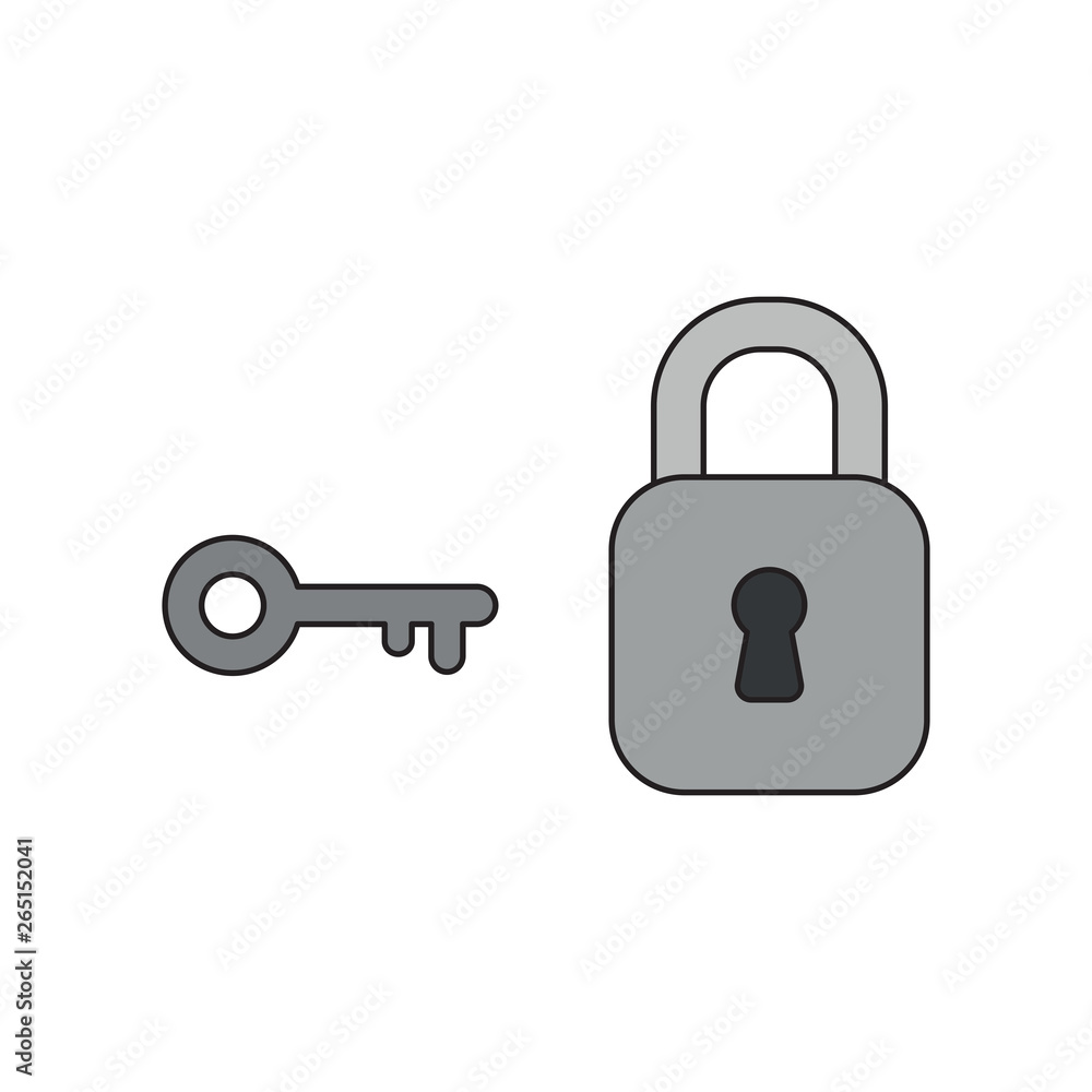Poster vector icon concept of closed padlock with key. black outlines and colored.