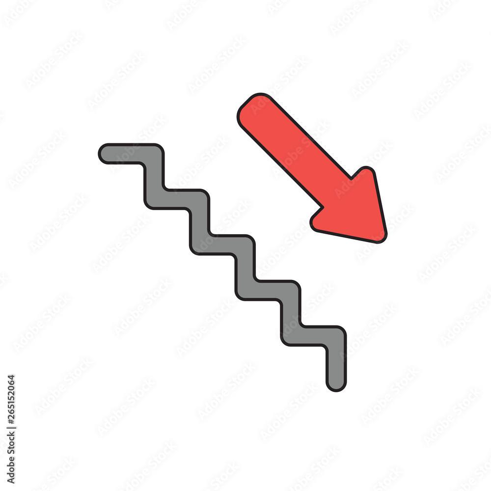 Poster vector icon concept of stairs with arrow pointing down. black outlines and colored.