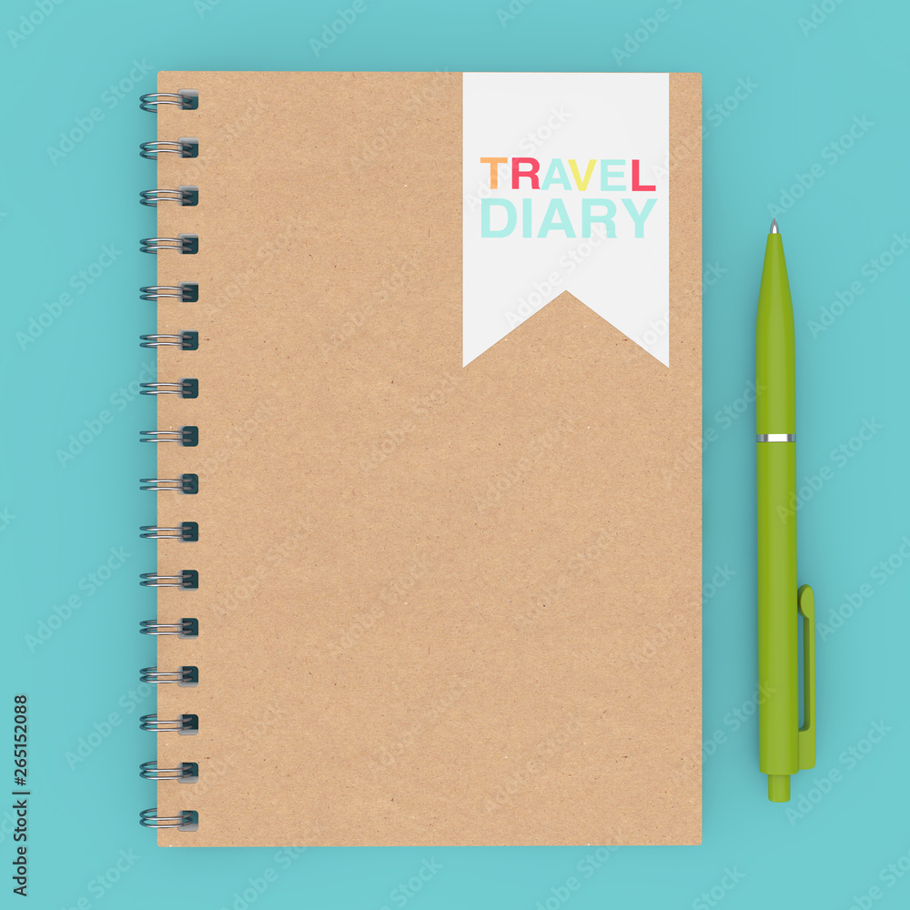 Aufkleber brown spiral travel diary notepad with pen. 3d rendering