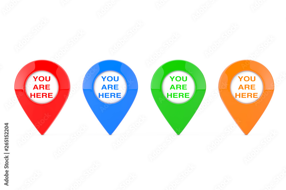 Poster set of colorful map pointer pins icons with you are here sign. 3d rendering