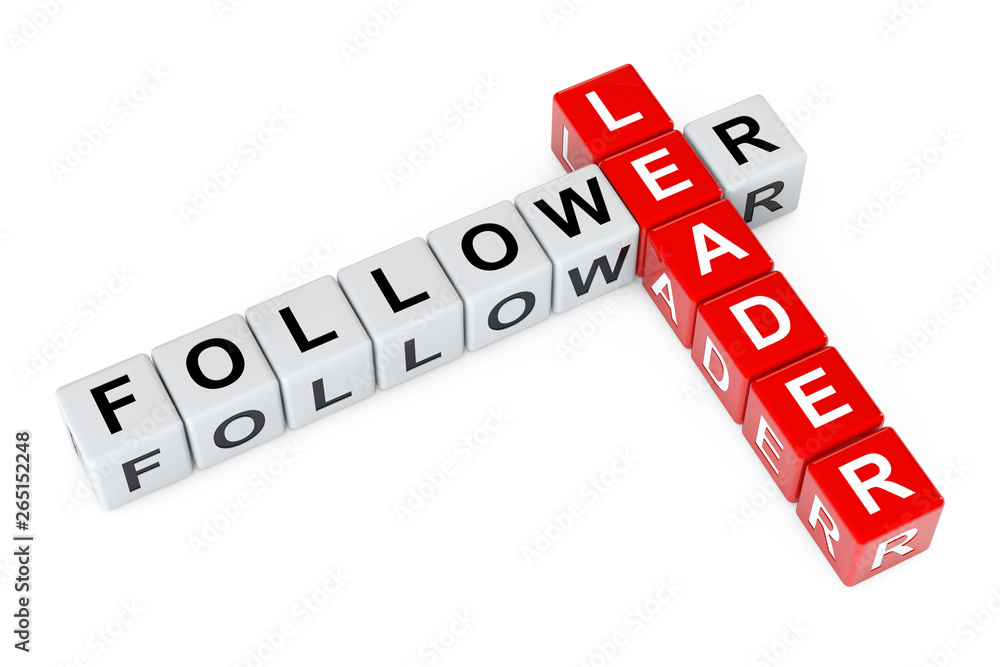 Aufkleber leader and follower sign as crossword cube blocks. 3d rendering