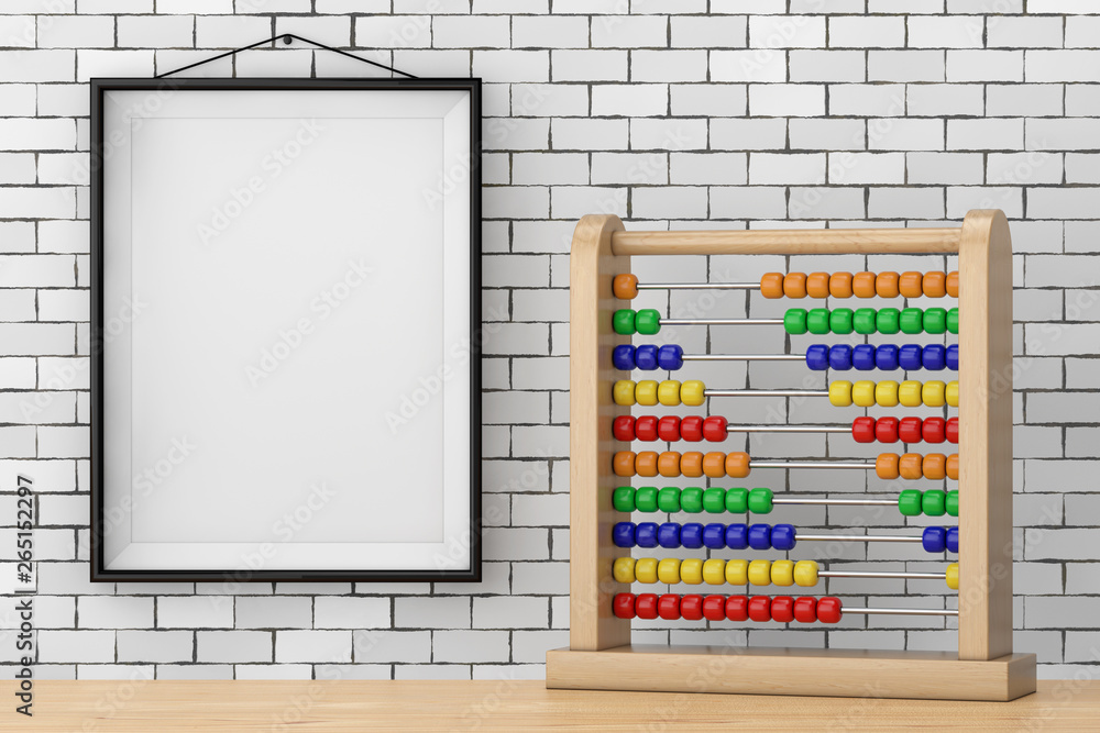 Poster Toy Abacus with Rainbow Colored Beads in front of Brick Wall with Blank Frame. 3d Rendering