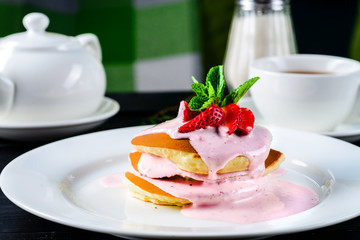Pancake Dessert with Blueberry Cream and Strawberries