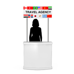 Travel Concept. Travel Agency Promotion Stand with Woman Silhouette and Various Countries Flags. 3d Rendering