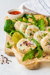Vegan cutlets (burgers) of lentils, chickpeas and beans. Healthy vegan food concept, detox dish, plant based diet.
