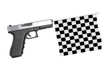 Checkered Start and Finish Flag Comming Out from Modern Gun. 3d Rendering
