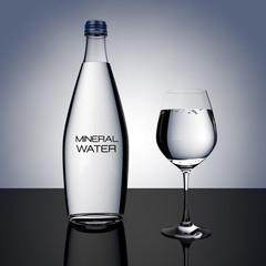 Mineral Water Glass Bottle with Glass. 3d Rendering