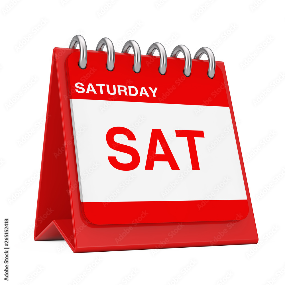 Poster red desktop calendar icon showing a saturday page. 3d rendering