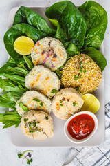 Vegan cutlets (burgers) of lentils, chickpeas and beans, top view. Healthy vegan food concept, detox dish, plant based diet.
