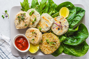 Vegan cutlets (burgers) of lentils, chickpeas and beans, top view. Healthy vegan food concept, detox dish, plant based diet.