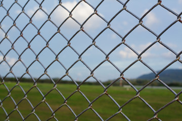 Fototapeta premium wire mesh steel with green grass background in Phuket Thailand