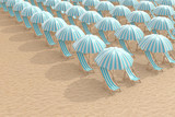 Rows of Striped Blue Beach Chairs with Umbrellas on a Beach Sand. 3d Rendering